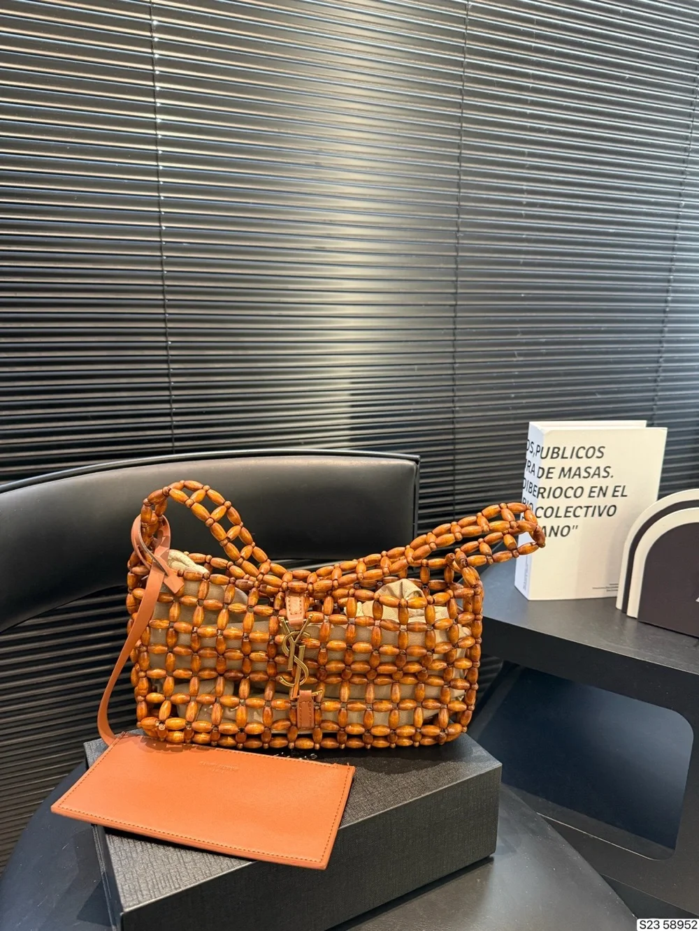 Saint Laurent Woven Bead Shoulder Tote in Cognac